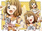  1girl :d ;d blue_eyes blush bow brown_eyes closed_eyes commentary_request diagonal_stripes dress frills hair_bow hair_ornament idolmaster idolmaster_million_live! index_finger_raised multiple_views one_eye_closed orange_sailor_collar outstretched_arm pleated_dress puffy_short_sleeves puffy_sleeves sailor_collar sailor_dress short_sleeves sleeveless sleeveless_dress smile star_(symbol) star_hair_ornament striped striped_background suou_momoko white_dress yellow_bow yukie_(kusaka_shi) 