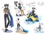  2boys 99akt1031 barefoot belt black_footwear black_gloves black_hair black_pants blue_cape bodysuit cape commentary_request dark-skinned_male dark_skin epaulettes gloves grimsley_(pokemon) grimsley_(sygna_suit)_(pokemon) hair_between_eyes hand_up hau_(pokemon) heart highres invisible_chair male_focus mantine multiple_boys necktie official_alternate_costume pants pointy_hair pokemon pokemon_(creature) pokemon_(game) pokemon_masters_ex pokemon_sm red_belt red_necktie riding riding_pokemon sand sharpedo shirt shoes sitting speech_bubble suspenders topless_male translation_request water wetsuit white_background 