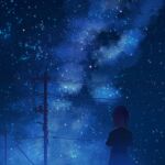  1girl black_hair black_shirt commentary_request from_behind highres milky_way night night_sky original outdoors power_lines scenery shirt short_hair short_sleeves sky solo standing star_(sky) star_(symbol) starry_sky utility_pole yuhack 