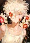  1boy absurdres blood blood_on_face blue_eyes closed_mouth floral_background flower flower_over_eye flower_request highres hunter_x_hunter killua_zoldyck looking_at_viewer male_focus painterly parted_lips short_hair skinny solo spiked_hair tank_top upper_body white_hair white_tank_top yu_333o 