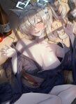  1girl absurdres animal_ear_fluff animal_ears black_kimono blonde_hair blue_archive blue_eyes blue_halo breasts collarbone dog_ears hair_intakes hair_over_one_eye halo highres japanese_clothes kanna_(blue_archive) kimono large_breasts looking_at_viewer lying nompang on_back open_clothes open_kimono ponytail sharp_teeth solo teeth 