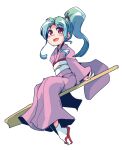  1girl absurdres blue_hair blush botan_(yu_yu_hakusho) full_body highres japanese_clothes kimono long_hair looking_at_viewer open_mouth ponytail purple_eyes shinapuu simple_background smile solo white_background yu_yu_hakusho 