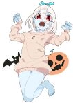  1girl animal barefoot bat_(animal) blue_nails blue_skin brown_sweater claw_pose collared_shirt colored_skin commentary_request full_body hair_between_eyes halloween hands_up highres jack-o&#039;-lantern long_sleeves mikan_(mkn_0710) nail_polish open_mouth original puffy_long_sleeves puffy_sleeves red_eyes shirt simple_background solo sweater white_background white_hair white_shirt 