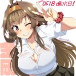  ahoge aoi_manabu black_skirt blush breasts brown_hair character_name cleavage collarbone congratulations dated earrings gold_hairband hair_bun hair_intakes hairband jewelry kantai_collection kongou_(kancolle) large_breasts looking_at_viewer ring shirt skirt smile teeth upper_body victory_pose white_shirt yellow_nails 