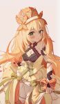  1girl bare_shoulders blonde_hair blush bow breasts butterfly_hair_ornament celine_(fire_emblem) cleavage crown dress fire_emblem fire_emblem_engage flower gbbgb321 green_eyes hair_flower hair_ornament highres long_hair looking_at_viewer small_breasts smile solo underboob upper_body very_long_hair white_background 