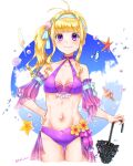  1girl absurdres bikini blonde_hair breasts clarine_(fire_emblem) cleavage fire_emblem fire_emblem:_the_binding_blade hand_on_own_hip highres holding holding_umbrella looking_at_viewer parasol ponytail purple_bikini purple_eyes seashell shell small_breasts smile solo starfish swimsuit tsukimura_(d24f4z8j3t) umbrella 