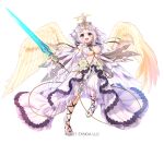  1girl :d ahoge angel_wings angelic_link blush breasts commentary_request detached_sleeves dress flower full_body grey_hair halo highres holding holding_sword holding_weapon large_breasts long_sleeves michael_(angelic_link) official_art pico_(p_i_c_o) purple_eyes simple_background smile solo sword tachi-e veil weapon white_background white_dress wings yellow_wings 