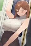  1girl 1other arm_up armpit_crease blurry blurry_foreground blush breasts brown_hair closed_eyes commentary_request dutch_angle earrings eyelashes hair_between_eyes high-waist_skirt highres jewelry large_breasts medium_hair mole mole_on_armpit ol-chan_(udon) original ribbed_shirt shirt skirt sleeping sleeveless sleeveless_shirt solo solo_focus standing stud_earrings train_interior turtleneck udon_(udonalium) upper_body 