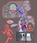  animatronic anthro balloon cassie_(fnaf) clothed clothing comic dialogue ear_piercing english_text female five_nights_at_freddy&#039;s five_nights_at_freddy&#039;s:_security_breach group hi_res human inflatable looking_at_another machine makeup mammal mirror open_mouth open_smile piercing robot roxanne_wolf_(fnaf) running scottgames shyestmind smile steel_wool_studios text trio 
