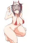  1girl alternate_costume antennae arknights armpit_crease bare_shoulders bikini breasts center-flap_bangs cleavage clenched_hand condom criss-cross_halter full_body grey_hair guodong halterneck hand_up holding holding_condom horns kneeling large_breasts looking_at_viewer navel no_pants on_one_knee red_bikini red_eyes short_hair solo stomach swimsuit tongue tongue_out w_(arknights) 