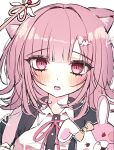  1girl :o animal_ears black_jacket black_shirt blunt_bangs blush breasts cat_ears collared_shirt danganronpa_(series) danganronpa_2:_goodbye_despair dress_shirt galaga hair_ornament holding_strap jacket large_breasts medium_hair monomi_(danganronpa) nanami_chiaki neck_ribbon pink_eyes pink_ribbon portrait qing_yue ribbon shirt spaceship_hair_ornament staff teeth upper_teeth_only white_shirt 