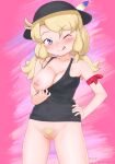  1girl :p blonde_hair blue_eyes blush bottomless breasts calenda_(kemono_friends) colored_pubic_hair female_pubic_hair flashing hat hat_feather highres kemono_friends kemono_friends_3 large_breasts long_hair looking_at_viewer masuyama_ryou nipples no_bra one_breast_out pubic_hair pulled_by_self pussy smile solo tank_top tongue tongue_out twintails 