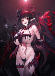  1girl absurdres bare_shoulders blush body_markings breasts chain collar demon_girl demon_horns demon_tail demon_wings elbow_gauntlets fang highres horns huge_breasts long_hair looking_at_viewer navel open_mouth original pointy_ears red_eyes single_thighhigh smile solo tail thighhighs thighlet twintails very_long_hair weapon wings yjs0803123 