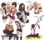  2girls 5boys ? absurdres armin_arlert bird blonde_hair blush book boots brown_hair collage english_text eren_yeager erwin_smith flying glasses head_scarf highres holding holding_book leaning_forward levi_(shingeki_no_kyojin) mikasa_ackerman multiple_boys multiple_girls paradis_military_uniform parody potato reading sasha_braus shingeki_no_kyojin shy stephengiannart survey_corps_(emblem) teasing tug_of_war turn_pale zeke_yeager 