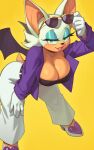  1girl animal_ears bat_ears bat_girl bat_wings breasts cleavage eyeshadow furry furry_female gloves green_eyes highres large_breasts lips looking_at_viewer makeup riz rouge_the_bat smile solo sonic_(series) sunglasses white_gloves white_hair wings 