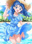  1girl barefoot beach blue_dress blue_eyes blue_hair blue_sky braid brown_headwear cloud collarbone day dress hanzou hat highres hirogaru_sky!_precure long_hair looking_at_viewer open_mouth outdoors palm_tree precure sky smile solo sora_harewataru straw_hat sun_hat tree twin_braids 