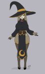  5_fingers anthro avian beak big_breasts bird black_eyes breasts clothing evette_(girokett) female fingers front_view girokett grey_background hair hat headgear headwear hi_res huge_breasts long_hair orange_sclera owl signature simple_background solo standing wizard_hat 