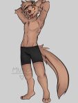  anthro barefoot canid canine canis clothing coyote feet hi_res male mammal mr_coyote_(el_koyote) munchingbro orange_eyes simple_background solo tongue tongue_out underwear 