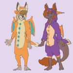  beefrequency blue_eyes brown_body brown_eyes brown_fur canid canine canis clothing coyote dragon fur hair invalid_tag kigurumi mammal onesie onesie_only orange_eyes orange_hair purple_eyes smile smiling_at_another smiling_at_each_other 