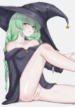  1girl bar_censor blush braid breasts censored collarbone covered_nipples green_eyes green_hair hat highres leg_up long_hair long_sleeves looking_at_viewer low_twin_braids mustee no_panties off_shoulder open_mouth original parted_lips pointless_censoring pussy simple_background sitting small_breasts solo twin_braids witch witch_hat 