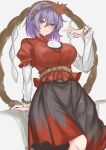  1girl absurdres arm_support black_skirt blush breasts hair_between_eyes highres kuraki large_breasts mirror purple_hair red_shirt rope shimenawa shirt simple_background skirt smile solo touhou white_background yasaka_kanako 