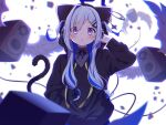  1girl amane_kanata animal_ear_headwear black_hoodie black_ribbon blue_hair blurry blurry_background blurry_foreground blush chromatic_aberration commentary_request creature debris drawstring eyes_visible_through_hair feathered_wings grey_shirt hair_ornament hair_ribbon hairclip hand_in_pocket hand_up headphones highres hololive hood hood_up hoodie jewelry light_blue_hair long_hair long_sleeves looking_at_viewer low-tied_long_hair multicolored_hair neck_ribbon necklace official_alternate_costume official_alternate_hair_length official_alternate_hairstyle parted_lips purple_eyes purple_hair ribbed_shirt ribbon safety_pin seek_arrow shirt single_hair_intake straight-on streaked_hair subwoofer tail tail_raised triangle_mouth two-tone_ribbon two_side_up upper_body virtual_youtuber white_background white_wings wings 