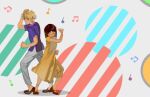  1boy 1girl blonde_hair blue_shirt bob_cut brown_footwear brown_hair closed_eyes collared_shirt dancing dress full_body highres iwakura_mitsumi kengyou_lei musical_note pants shima_sousuke shirt short_hair skip_to_loafer smile white_pants yellow_dress 