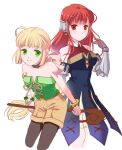  2girls armor bare_shoulders blonde_hair bow bracelet breasts choker closed_mouth green_eyes green_hair hair_ribbon jewelry long_hair looking_at_viewer maronee_san multi-tied_hair multiple_girls pantyhose pantyhose_under_shorts ponytail primiera_(saga) red_eyes red_hair ribbon saga saga_frontier_2 shorts simple_background smile tattoo very_long_hair virginia_knights weapon white_background 
