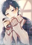  1boy absurdres black_hair blush brown_sweater cable_knit coffee_cup cup disposable_cup ensemble_stars! fushimi_yuzuru highres looking_at_viewer male_focus mole mole_under_eye open_mouth plaid_robe purple_eyes short_bangs short_hair smile solo sweater turtleneck usahana101 