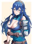  1girl alternate_breast_size alternate_costume ameno_(a_meno0) arm_armor armor bare_shoulders blue_eyes blue_hair border breasts brown_gloves cleavage fire_emblem fire_emblem_awakening gloves large_breasts long_hair looking_at_viewer lucina_(fire_emblem) mismatched_pupils parted_lips smile solo tiara upper_body wavy_hair white_border 