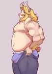 absurd_res asgore_dreemurr barazoku beard biceps blonde_hair bottomwear bovid bulge caprine clothed clothing don_conej0 facial_hair goat hair hi_res horn hybrid long_ears male mammal mature_male muscular muscular_male nipples pants pulling_up_pants simple_background smile solo topless undertale_(series) underwear 