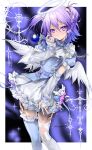  1girl angel angel_wings black_background blush border closed_mouth expressionless feathered_wings half_updo highres holding holding_wand light_purple_hair magical_girl mazamuno multicolored_background original pantyhose purple_background purple_eyes twintails wand white_border white_pantyhose white_wings wings 