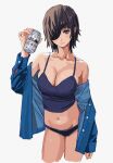  1girl asahi_breweries black_hair breasts camisole can chainsaw_man cleavage collarbone cowboy_shot denim denim_jacket eyepatch highres himeno_(chainsaw_man) holding holding_can jacket large_breasts looking_at_viewer midriff off_shoulder shiren_(ourboy83) short_hair simple_background solo white_background 