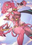  1girl aegis_sword_(xenoblade) breasts chest_jewel covered_navel dutch_angle fingerless_gloves gloves highres large_breasts micro_shorts outside_border pantyhose pyra_(xenoblade) red_eyes red_hair red_shorts short_hair shorts sky solo super_smash_bros. suspenders swept_bangs thighhighs thighhighs_over_pantyhose tiara ug333333 xenoblade_chronicles_(series) xenoblade_chronicles_2 