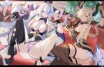  2girls absurdres arm_up ass azur_lane black_gloves black_horns blonde_hair braid breasts cleavage couch gloves hair_over_one_eye highres horn_ornament horns large_breasts long_hair lying multicolored_hair multiple_girls nail_polish on_side one_eye_covered owari_(azur_lane) panties parted_lips purple_eyes purple_hair purple_nails sitting smile streaked_hair thighhighs thighs thong toenail_polish toenails twin_braids underwear unzen_(azur_lane) white_hair white_panties yijiufantexi 