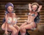  2girls armpits arms_behind_head arms_up bare_legs bikini black_bikini blush breasts brown_eyes brown_hair cleavage collarbone commentary hair_ornament highres huge_breasts idolmaster idolmaster_cinderella_girls koseki_reina leaning_back long_hair micro_bikini multiple_girls navel nervous_smile ohnuma_kurumi open_mouth purple_eyes purple_hair reij_dddn sauna short_bangs sitting small_breasts smile steam steaming_body stomach sweat swimsuit tan tanlines wooden_wall 