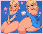  1girl ass blonde_hair bottomless braid breasts cleavage crown_braid curvy hair_ornament hairclip highres multiple_views off_shoulder plump pointy_ears princess_zelda short_hair sweat the_legend_of_zelda the_legend_of_zelda:_breath_of_the_wild thighs tiaradraws tunic wide_hips 
