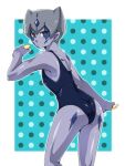  1girl ass black_one-piece_swimsuit breasts colored_skin durbe_(yu-gi-oh!) genderswap genderswap_(mtf) grey_eyes grey_hair grey_skin leaning_forward mugicha_(sukimachaya) one-piece_swimsuit small_breasts solo swimsuit yu-gi-oh! yu-gi-oh!_zexal 