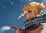  1girl bird blonde_hair blue_sky boku_no_hero_academia cardigan closed_mouth double_bun from_side hair_bun light_blush mask messy_hair neckerchief outdoors red_neckerchief sidelocks sky slit_pupils smile solo tearing_up tears toga_himiko yellow_cardigan yellow_eyes zd_(pixiv6210083) 