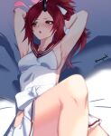  1girl aona_(anagasaki) armpits arms_behind_head arms_up bare_shoulders blue_archive blush breasts eyeshadow hair_ribbon halo highres hip_vent horns long_hair looking_to_the_side lying makeup medium_breasts on_back open_mouth parted_bangs ponytail red_eyes red_eyeshadow red_hair red_sailor_collar renge_(blue_archive) ribbon sailor_collar shirt single_horn skirt sleeveless solo thighs white_shirt white_skirt 