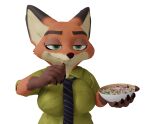  alpha_channel anthro blender_(software) blender_eevee canid canine clothing crossgender cutlery disney eating eating_food female food fork fox green_clothing green_eyes kitchen_utensils mammal necktie nick_wilde onyxsplash salad solo tools zootopia 