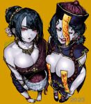  2girls absurdres anuttsuii asymmetrical_clothes black_hair breasts cleavage condom_box earrings fangs ghost hair_bun halloween highres jewelry jiangshi large_breasts licking_lips looking_at_viewer multiple_girls necklace ofuda ofuda_on_nipples original pasties red_eyes side_slit single_bare_shoulder tongue tongue_out yellow_eyes 