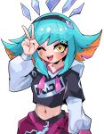  1girl :d absurdres beseunaj-jamjaneun_gemdol-i black_hairband blush cowboy_shot flipped_hair green_hair hairband hand_up highres k/da_neeko league_of_legends long_sleeves midriff multicolored_hair navel neeko_(league_of_legends) one_eye_closed orange_hair pink_hair shiny_skin short_sleeves smile solo stomach teeth upper_teeth_only v yellow_eyes 