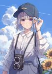  1girl :o absurdres alternate_costume alternate_hairstyle bag baseball_cap blue_headwear blue_sky bob_cut cloud collared_shirt cowboy_shot day ene_mizunoawa flower hand_up hat highres lize_helesta medium_hair nijisanji pocket purple_eyes shirt sky solo sunflower virtual_youtuber white_hair 