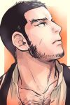  1boy bara beard beard_stubble black_hair buzz_cut chest_hair_peek collared_shirt expressionless facial_hair gold_5610 golden_kamuy highres long_sideburns looking_to_the_side looking_up male_focus mature_male pectoral_cleavage pectorals portrait profile shirt short_hair sideburns solo stubble tanigaki_genjirou thick_eyebrows very_short_hair 