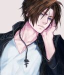  1boy black_jacket blue_eyes brown_hair expressionless final_fantasy final_fantasy_viii grey_background head_on_hand high_collar highres jacket jewelry male_focus necklace nini_tw99 open_clothes open_jacket scar scar_on_face scar_on_forehead shirt short_hair simple_background solo squall_leonhart v-neck white_shirt 