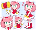 ;) amy_rose artist_name boots bracelet dress full_body gloves gold_bracelet green_eyes hairband hammer heart hedgehog hedgehog_ears hedgehog_girl hedgehog_tail highres hobi_(4622j) holding holding_hammer jewelry looking_at_viewer multiple_views one_eye_closed open_mouth piko_piko_hammer pink_fur red_dress red_footwear red_hairband simple_background smile solo sonic_(series) white_gloves 