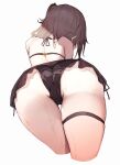  1girl absurdres ass ass_focus back bikini bikini_skirt brown_hair commentary_request diieru from_behind from_below girls&#039;_frontline highres median_furrow one_side_up side-tie_bikini_bottom simple_background solo swimsuit thigh_strap thighs ump45_(girls&#039;_frontline) wet white_background 