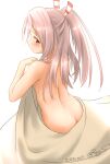  1girl blanket butt_crack dated from_behind grey_hair hair_ribbon high_ponytail kantai_collection long_hair nude one-hour_drawing_challenge ray.s ribbon solo twitter_username zuihou_(kancolle) 