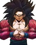  1boy 9302w_(user_wjpg8475) black_hair blue_wristband body_fur clenched_hand dragon_ball dragon_ball_gt highres large_pectorals long_hair looking_at_viewer male_focus muscular muscular_male own_hands_together pectorals simple_background smile solo son_goku spiked_hair super_saiyan super_saiyan_4 upper_body white_background yellow_eyes 